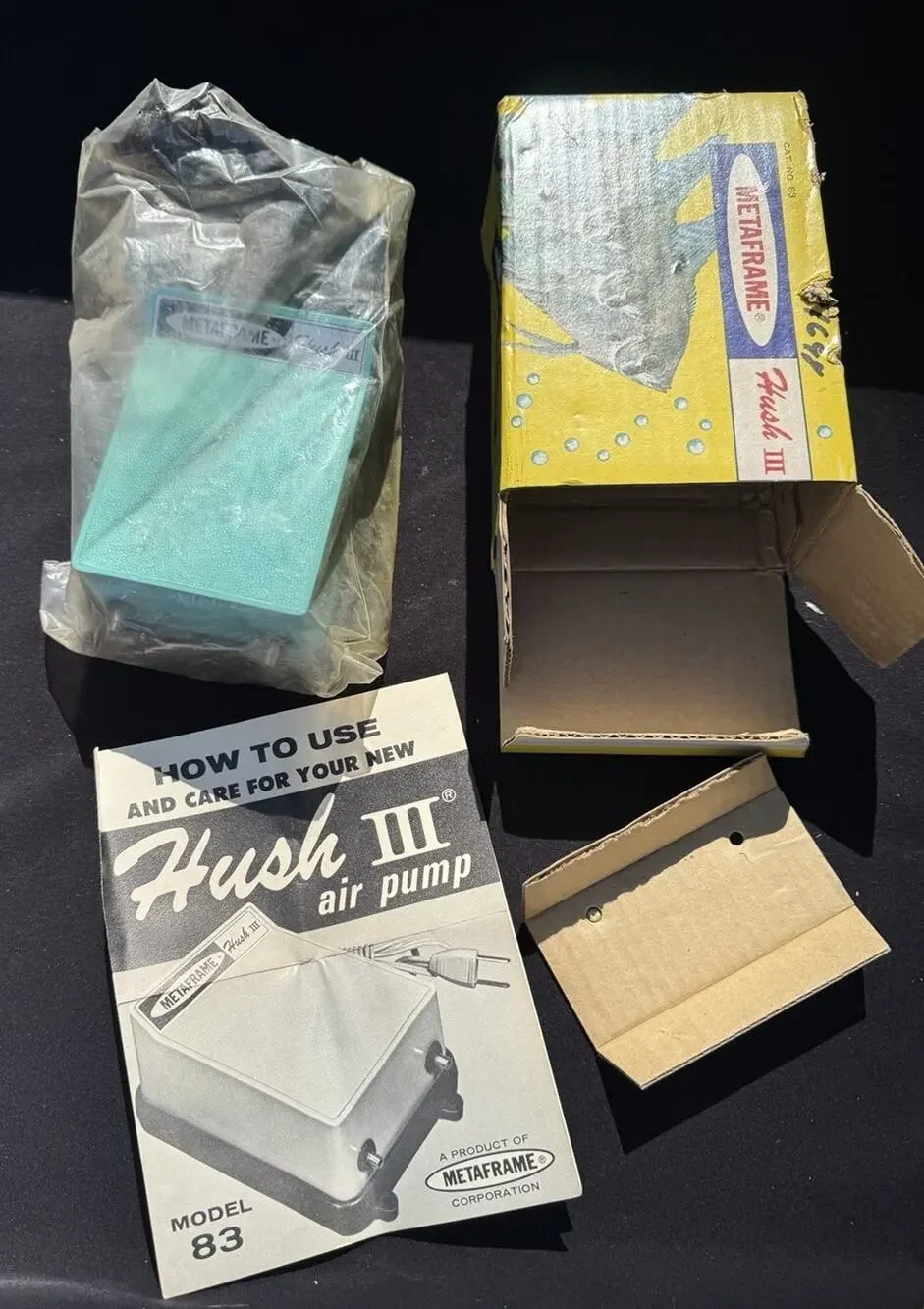 New Vintage Metaframe Hush III Aquarium Air Pump Original Box & Manual Works To9